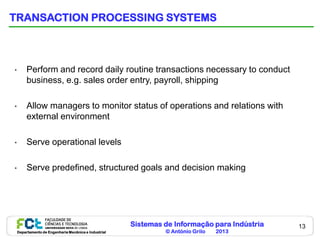 TRANSACTION PROCESSING SYSTEMS



•        Perform and record daily routine transactions necessary to conduct
         business, e.g. sales order entry, payroll, shipping

•        Allow managers to monitor status of operations and relations with
         external environment

•        Serve operational levels

•        Serve predefined, structured goals and decision making




                                                       Sistemas de Informação para Indústria   13
    Departamento de Engenharia Mecânica e Industrial            © António Grilo   2013
 