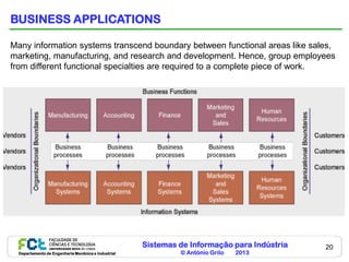 BUSINESS APPLICATIONS

Many information systems transcend boundary between functional areas like sales,
marketing, manufacturing, and research and development. Hence, group employees
from different functional specialties are required to a complete piece of work.




                                                     Sistemas de Informação para Indústria   20
  Departamento de Engenharia Mecânica e Industrial            © António Grilo   2013
 