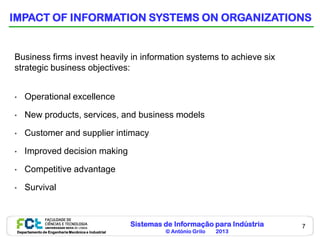 IMPACT OF INFORMATION SYSTEMS ON ORGANIZATIONS


Business firms invest heavily in information systems to achieve six
strategic business objectives:


•       Operational excellence

•       New products, services, and business models

•       Customer and supplier intimacy

•       Improved decision making

•       Competitive advantage

•       Survival



                                                       Sistemas de Informação para Indústria   7
    Departamento de Engenharia Mecânica e Industrial            © António Grilo   2013
 