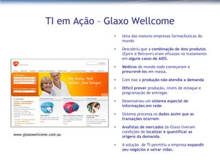 TI em Ação – Glaxo Wellcome Uma das maiores empresas farmacêuticas do  mundo Descobriu que a  combinação de dois produtos  (Epirir e Retrovir) eram eficazes no tratamento em  alguns casos de AIDS . Médicos  do mundo todo começaram a  prescrevê-los  em massa. Com isso a  produção não atendia a demanda Difícil prever  produção, níveis de estoque e programação de entregas Desenvolveu um  sistema especial de informações em rede . Sistema processa os  dados assim que as transações ocorrem . Analistas de mercados  da Glaxo tiveram condições de  localizar e quantificar as origens da demanda . A solução  de TI permitiu a empresa  expandir seu negócios e salvar vidas. www.glaxowellcome.com.au 