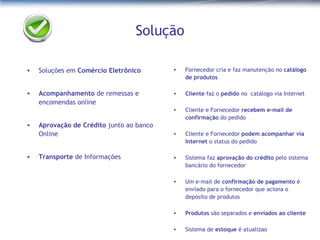 Solução Soluções em  Comércio Eletrônico Acompanhamento  de remessas e encomendas online Aprovação de Crédito  junto ao banco Online Transporte  de Informações Fornecedor cria e faz manutenção no  catálogo de produtos Cliente  faz o  pedido  no  catálogo via Internet Cliente e Fornecedor  recebem e-mail de confirmação  do pedido Cliente e Fornecedor  podem acompanhar via Internet  o status do pedido Sistema faz  aprovação do crédito  pelo sistema bancário do fornecedor Um e-mail de  confirmação de pagamento  é enviado para o fornecedor que aciona o depósito de produtos Produtos  são separados e  enviados ao cliente Sistema de  estoque  é atualizao 