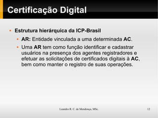 Certificação Digital Estrutura hierárquica da ICP-Brasil AR:  Entidade vinculada a uma determinada  AC . Uma  AR  tem como função identificar e cadastrar usuários na presença dos agentes registradores e efetuar as solicitações de certificados digitais à  AC , bem como manter o registro de suas operações. 