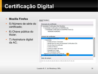 Certificação Digital Mozilla Firefox 5) Número de série do certificado; 6) Chave pública do titular; 7) Assinatura digital da AC; 