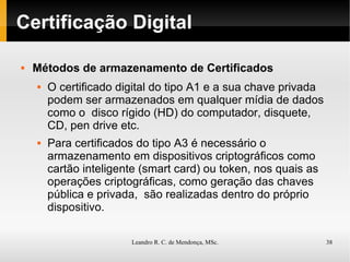 Certificação Digital Métodos de armazenamento de Certificados O certificado digital do tipo A1 e a sua chave privada podem ser armazenados em qualquer mídia de dados como o  disco rígido (HD) do computador, disquete, CD, pen drive etc. Para certificados do tipo A3 é necessário o armazenamento em dispositivos criptográficos como cartão inteligente (smart card) ou token, nos quais as operações criptográficas, como geração das chaves pública e privada,  são realizadas dentro do próprio dispositivo. 