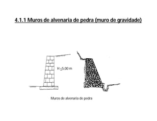 Muros de alvenaria de pedra
4.1.1 Muros de alvenaria de pedra (muro de gravidade)
H <5,00 m
 