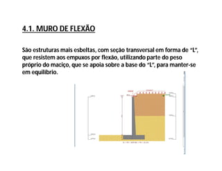 São estruturas mais esbeltas, com seção transversal em forma de “L”,
que resistem aos empuxos por flexão, utilizando parte do peso
próprio do maciço, que se apoia sobre a base do “L”, para manter-se
em equilíbrio.
4.1. MURO DE FLEXÃO
 
