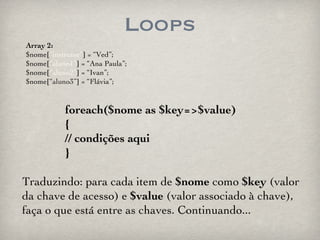 Loops foreach($nome as $key=>$value) { // condições aqui } Array 2: $nome[ “instrutor” ] = “Ved”; $nome[ “aluno1” ] = “Ana Paula”; $nome[ “aluno2” ] = “Ivan”; $nome[ “aluno3” ] = “Flávia”; Traduzindo: para cada item de  $nome  como  $key  (valor da chave de acesso) e  $value  (valor associado à chave), faça o que está entre as chaves. Continuando... 