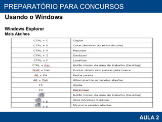 PROAB 2010 AULA 2 PREPARATÓRIO PARA CONCURSOS Usando o Windows Windows Explorer Mais Atalhos 