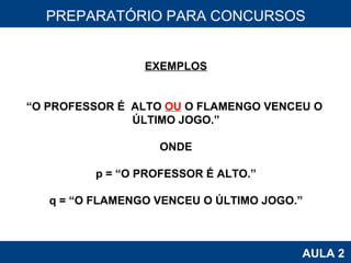 PROAB 2010 AULA 2 PREPARATÓRIO PARA CONCURSOS EXEMPLOS “ O PROFESSOR É  ALTO  OU  O FLAMENGO VENCEU O  ÚLTIMO JOGO.” ONDE p = “O PROFESSOR É ALTO.” q = “O FLAMENGO VENCEU O ÚLTIMO JOGO.” 