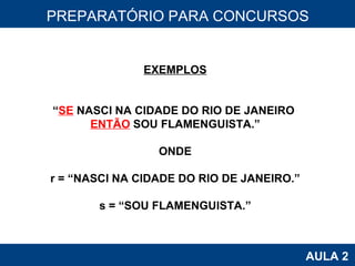 PROAB 2010 AULA 2 PREPARATÓRIO PARA CONCURSOS EXEMPLOS “ SE  NASCI NA CIDADE DO RIO DE JANEIRO  ENTÃO  SOU FLAMENGUISTA.” ONDE r = “NASCI NA CIDADE DO RIO DE JANEIRO.” s = “SOU FLAMENGUISTA.” 