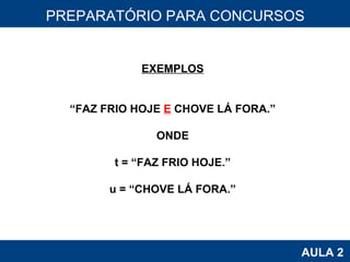 PROAB 2010 AULA 2 PREPARATÓRIO PARA CONCURSOS EXEMPLOS “ FAZ FRIO HOJE  E  CHOVE LÁ FORA.” ONDE t = “FAZ FRIO HOJE.” u = “CHOVE LÁ FORA.” 