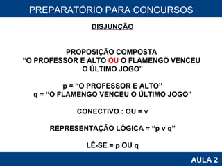 PROAB 2010 AULA 2 PREPARATÓRIO PARA CONCURSOS DISJUNÇÃO PROPOSIÇÃO COMPOSTA  “ O PROFESSOR E ALTO  OU  O FLAMENGO VENCEU  O ÚLTIMO JOGO” p = “O PROFESSOR E ALTO” q = “O FLAMENGO VENCEU O ÚLTIMO JOGO” CONECTIVO : OU = v REPRESENTAÇÃO LÓGICA = “p v q” LÊ-SE = p OU q 