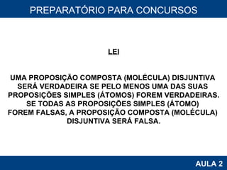 PROAB 2010 AULA 2 PREPARATÓRIO PARA CONCURSOS LEI UMA PROPOSIÇÃO COMPOSTA (MOLÉCULA) DISJUNTIVA  SERÁ VERDADEIRA SE PELO MENOS UMA DAS SUAS  PROPOSIÇÕES SIMPLES (ÁTOMOS) FOREM VERDADEIRAS. SE TODAS AS PROPOSIÇÕES SIMPLES (ÁTOMO)  FOREM FALSAS, A PROPOSIÇÃO COMPOSTA (MOLÉCULA)  DISJUNTIVA SERÁ FALSA. 
