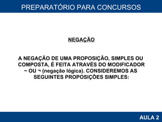 PROAB 2010 AULA 2 PREPARATÓRIO PARA CONCURSOS NEGAÇÃO A NEGAÇÃO DE UMA PROPOSIÇÃO, SIMPLES OU  COMPOSTA, É FEITA ATRAVÉS DO MODIFICADOR ~ OU ¬ (negação lógica). CONSIDEREMOS AS  SEGUINTES PROPOSIÇÕES SIMPLES: 