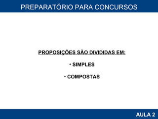 PROAB 2010 AULA 2 PREPARATÓRIO PARA CONCURSOS PROPOSIÇÕES SÃO DIVIDIDAS EM: SIMPLES COMPOSTAS 