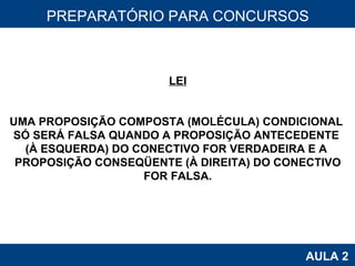 PROAB 2010 AULA 2 PREPARATÓRIO PARA CONCURSOS LEI UMA PROPOSIÇÃO COMPOSTA (MOLÉCULA) CONDICIONAL  SÓ SERÁ FALSA QUANDO A PROPOSIÇÃO ANTECEDENTE  (À ESQUERDA) DO CONECTIVO FOR VERDADEIRA E A  PROPOSIÇÃO CONSEQÜENTE (À DIREITA) DO CONECTIVO FOR FALSA. 