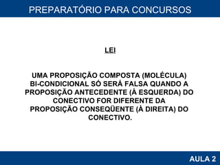 PROAB 2010 AULA 2 PREPARATÓRIO PARA CONCURSOS LEI UMA PROPOSIÇÃO COMPOSTA (MOLÉCULA)  BI-CONDICIONAL SÓ SERÁ FALSA QUANDO A  PROPOSIÇÃO ANTECEDENTE (À ESQUERDA) DO  CONECTIVO FOR DIFERENTE DA  PROPOSIÇÃO CONSEQÜENTE (À DIREITA) DO  CONECTIVO. 