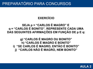 PROAB 2010 AULA 2 PREPARATÓRIO PARA CONCURSOS EXERCÍCIO SEJA p = “CARLOS É MAGRO” E  q = “CARLOS É BONITO”. REPRESENTE CADA UMA DAS SEGUINTES AFIRMAÇÕES EM FUNÇÃO DE p E q: “ CARLOS É MAGRO OU BONITO” “ CARLOS É MAGRO E BONITO” “ SE CARLOS É MAGRO, ENTÃO É BONITO” “ CARLOS NÃO É MAGRO, NEM BONITO” 
