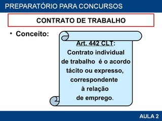 Conceito:  Art. 442 CLT : Contrato individual  de trabalho  é o acordo tácito ou expresso,  correspondente  à relação  de emprego .  CONTRATO DE TRABALHO 