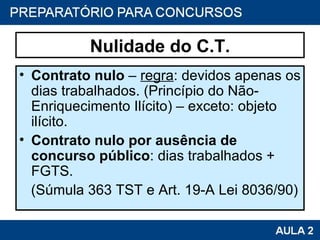 Nulidade do C.T. Contrato nulo  –  regra : devidos apenas os dias trabalhados. (Princípio do Não-Enriquecimento Ilícito) – exceto: objeto ilícito. Contrato nulo por ausência de concurso público : dias trabalhados + FGTS.  (Súmula 363 TST e Art. 19-A Lei 8036/90) 