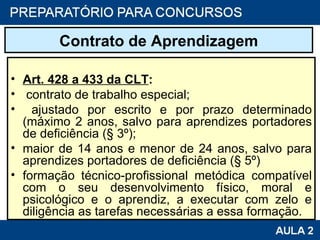 Contrato de Aprendizagem Art. 428 a 433 da CLT :   contrato de trabalho especial; ajustado por escrito e por prazo determinado (máximo 2 anos, salvo para aprendizes portadores de deficiência (§ 3º); maior de 14 anos e menor de 24 anos, salvo para aprendizes portadores de deficiência (§ 5º) formação técnico-profissional metódica compatível com o seu desenvolvimento físico, moral e psicológico e o aprendiz, a executar com zelo e diligência as tarefas necessárias a essa formação. 