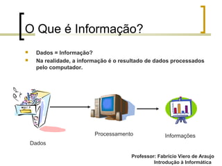Professor: Fabrício Viero de Araujo
Introdução à Informática
O Que é Informação?
 Dados = Informação?
 Na realidade, a informação é o resultado de dados processados
pelo computador.
Professor: Fabrício Viero de Araujo
Dados
Processamento Informações
 