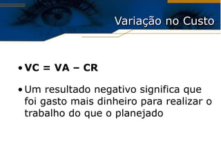 Variação no Custo VC = VA – CR Um resultado negativo significa que foi gasto mais dinheiro para realizar o trabalho do que o planejado 
