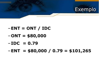 Exemplo ENT = ONT / IDC ONT = $80,000 IDC  = 0.79 ENT  = $80,000 / 0.79 = $101,265 