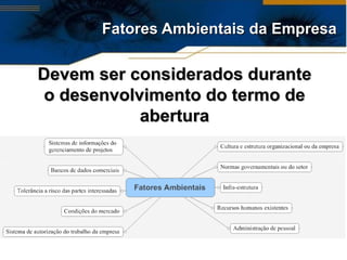 Fatores Ambientais da Empresa Devem ser considerados durante o desenvolvimento do termo de abertura 