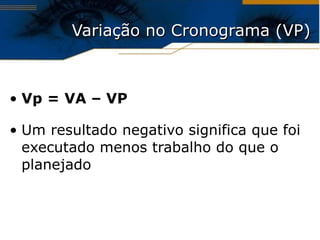 Variação no Cronograma (VP) Vp = VA – VP Um resultado negativo significa que foi executado menos trabalho do que o planejado 