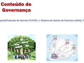 2 – A questão da infra-estrutura e da padronização/normatização. Introdução aos conceitos gerais de infra-estrutura da Internet, Protocolo de Controle de Transporte/Protocolo de Internet (TCP/IP), o Sistema de Nomes de Domíniuo (DNS), Servidores_raiz, Provedores de Serviço de Internet (ISPs), Provedores de Banda Passante (IBPs). Conteúdo de Governança 