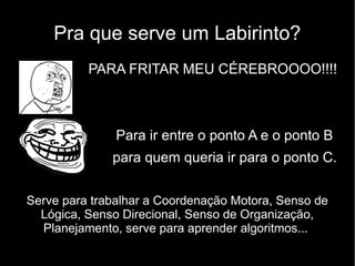 Pra que serve um Labirinto?
          PARA FRITAR MEU CÉREBROOOO!!!!



               Para ir entre o ponto A e o ponto B
              para quem queria ir para o ponto C.


Serve para trabalhar a Coordenação Motora, Senso de
  Lógica, Senso Direcional, Senso de Organização,
  Planejamento, serve para aprender algoritmos...
 