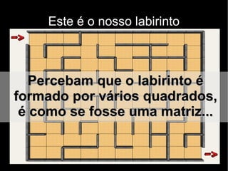 Este é o nosso labirinto



   Percebam que o labirinto é
formado por vários quadrados,
 é como se fosse uma matriz...
 
