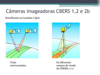 Câmeras imageadoras CBERS 1,2 e 2b
Semelhantes ao Landsat e Spot

Sensores




   Visão                        Os diferentes
   estereoscópica               campos de visada
                                do CBERS-1 e 2
 