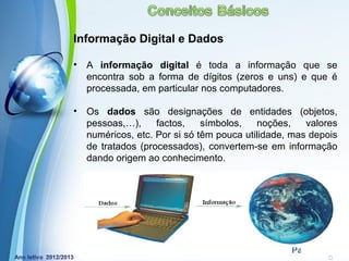 Informação Digital e Dados

•   A informação digital é toda a informação que se
    encontra sob a forma de dígitos (zeros e uns) e que é
    processada, em particular nos computadores.

•   Os dados são designações de entidades (objetos,
    pessoas,…),     factos,    símbolos,   noções,    valores
    numéricos, etc. Por si só têm pouca utilidade, mas depois
    de tratados (processados), convertem-se em informação
    dando origem ao conhecimento.




              Powerpoint Templates
                                                  Page 15
 
