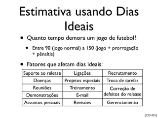 Estimativa usando Dias
         Ideais
•   Quanto tempo demora um jogo de futebol?
    •   Entre 90 (jogo normal) a 150 (jogo + prorrogação
        + pênaltis)

•   Fatores que afetam dias ideais:
Suporte ao release      Ligações        Recrutamento
    Doenças        Projetos especiais Troca de tarefas
    Reuniões         Treinamento         Correção de
 Demonstrações           E-mail       defeitos do release
Assuntos pessoais      Revisões        Gerenciamento

                                                            [COH05]
 