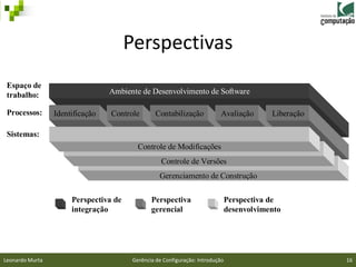 Perspectivas
 Espaço de
 trabalho:                       Ambiente de Desenvolvimento de Software

 Processos:      Identificação   Controle        Contabilização           Avaliação        Liberação

 Sistemas:
                                          Controle de Modificações
                                                   Controle de Versões
                                                  Gerenciamento de Construção

                      Perspectiva de           Perspectiva                     Perspectiva de
                      integração               gerencial                       desenvolvimento




Leonardo Murta                          Gerência de Configuração: Introdução                           16
 