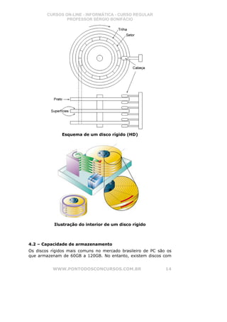 CURSOS ON-LINE - INFORMÁTICA - CURSO REGULAR
                PROFESSOR SÉRGIO BONIFÁCIO




              Esquema de um disco rígido (HD)




           Ilustração do interior de um disco rígido



4.2 – Capacidade de armazenamento
Os discos rígidos mais comuns no mercado brasileiro de PC são os
que armazenam de 60GB a 120GB. No entanto, existem discos com


          WWW.PONTODOSCONCURSOS.COM.BR                       14
 
