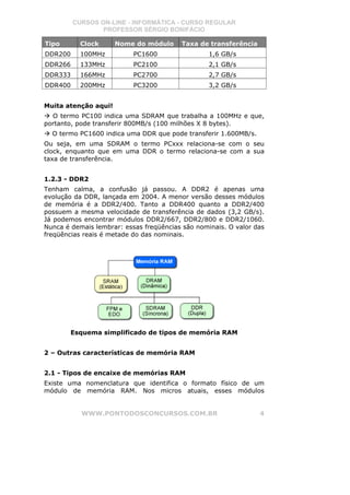 CURSOS ON-LINE - INFORMÁTICA - CURSO REGULAR
                 PROFESSOR SÉRGIO BONIFÁCIO

Tipo       Clock      Nome do módulo     Taxa de transferência
DDR200     100MHz          PC1600                 1,6 GB/s
DDR266     133MHz          PC2100                 2,1 GB/s
DDR333     166MHz          PC2700                 2,7 GB/s
DDR400     200MHz          PC3200                 3,2 GB/s


Muita atenção aqui!
  O termo PC100 indica uma SDRAM que trabalha a 100MHz e que,
portanto, pode transferir 800MB/s (100 milhões X 8 bytes).
  O termo PC1600 indica uma DDR que pode transferir 1.600MB/s.
Ou seja, em uma SDRAM o termo PCxxx relaciona-se com o seu
clock, enquanto que em uma DDR o termo relaciona-se com a sua
taxa de transferência.


1.2.3 - DDR2
Tenham calma, a confusão já passou. A DDR2 é apenas uma
evolução da DDR, lançada em 2004. A menor versão desses módulos
de memória é a DDR2/400. Tanto a DDR400 quanto a DDR2/400
possuem a mesma velocidade de transferência de dados (3,2 GB/s).
Já podemos encontrar módulos DDR2/667, DDR2/800 e DDR2/1060.
Nunca é demais lembrar: essas freqüências são nominais. O valor das
freqüências reais é metade do das nominais.




        Esquema simplificado de tipos de memória RAM


2 – Outras características de memória RAM


2.1 - Tipos de encaixe de memórias RAM
Existe uma nomenclatura que identifica o formato físico de um
módulo de memória RAM. Nos micros atuais, esses módulos


           WWW.PONTODOSCONCURSOS.COM.BR                          4
 
