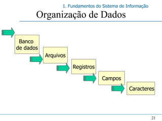 1. Fundamentos do Sistema de Informação

       Organização de Dados

 Banco
de dados
           Arquivos

                      Registros

                                  Campos
                                               Caracteres




                                                           21
 