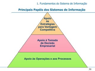 1. Fundamentos do Sistema de Informação

Principais Papéis dos Sistemas de Informação

                 Apoio
                   às
              Estratégias
             para Vantagem
              Competitiva


            Apoio à Tomada
              de Decisão
             Empresarial



   Apoio às Operações e aos Processos


                                                      30
 