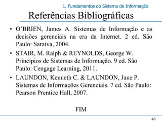1. Fundamentos do Sistema de Informação

       Referências Bibliográficas
• O’BRIEN, James A. Sistemas de Informação e as
  decisões gerenciais na era da Internet. 2 ed. São
  Paulo: Saraiva, 2004.
• STAIR, M. Ralph & REYNOLDS, George W.
  Princípios de Sistemas de Informação. 9 ed. São
  Paulo: Cengage Learning, 2011.
• LAUNDON, Kenneth C. & LAUNDON, Jane P.
  Sistemas de Informações Gerenciais. 7 ed. São Paulo:
  Pearson Prentice Hall, 2007.

                         FIM
                                                              46
 