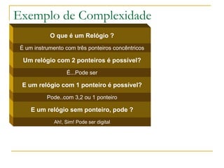 Exemplo de Complexidade Ah!, Sim! Pode ser digital E um relógio sem ponteiro, pode ? Pode..com 3,2 ou 1 ponteiro E um relógio com 1 ponteiro é possível? É...Pode ser Um relógio com 2 ponteiros é possível? É um instrumento com três ponteiros concêntricos O que é um Relógio ? 