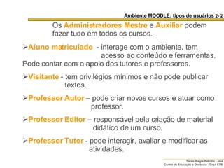 Aluno matriculado   - interage com o ambiente, tem  acesso ao conteúdo e ferramentas. Pode contar com o apoio dos tutores e professores. Visitante   - tem privilégios mínimos e não pode publicar textos. Professor Autor   – pode criar novos cursos e atuar como professor. Professor Editor   – responsável pela criação de material didático de um curso.  Professor Tutor   - pode interagir, avaliar e modificar as  atividades.   Os  Administradores Mestre  e  Auxiliar  podem fazer tudo em todos os cursos. Ambiente MOODLE: tipos de usuários  2- 2 
