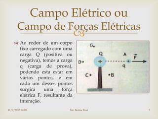 Campo Elétrico ou
       Campo de Forças Elétricas
                                  
     Ao redor de um corpo
      fixo carregado com uma
      carga Q (positiva ou
      negativa), temos a carga
      q (carga de prova),
      podendo esta estar em
      vários pontos, e em
      cada um desses pontos
      surgirá     uma     força
      elétrica F, resultante da
      interação.
11/2/2013 04:05              Me. Betine Rost   3
 