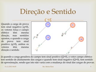 Direção e Sentido
Quando a carga de prova
                            
tem sinal negativo (q<0),
os vetores força e campo
elétrico    têm    mesma
direção, mas sentidos
opostos, e quando a carga
de prova tem sinal
positivo (q>0), ambos os
vetores     têm    mesma
direção e sentido

Já quando a carga geradora do campo tem sinal positivo (Q>0), o vetor campo elétrico
tem sentido de afastamento das cargas e quando tem sinal negativo (Q<0), tem sentido
de aproximação, sendo que isto não varia com a mudança do sinal das cargas de provas.
   11/2/2013 04:05                   Me. Betine Rost                             5
 