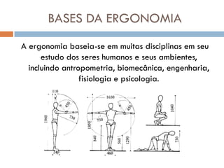 BASES DA ERGONOMIA
A ergonomia baseia-se em muitas disciplinas em seu
      estudo dos seres humanos e seus ambientes,
  incluindo antropometria, biomecânica, engenharia,
                 fisiologia e psicologia.
 