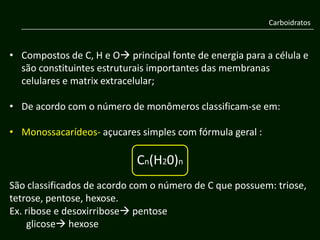 Carboidratos



• Compostos de C, H e O principal fonte de energia para a célula e
  são constituintes estruturais importantes das membranas
  celulares e matrix extracelular;

• De acordo com o número de monômeros classificam-se em:

• Monossacarídeos- açucares simples com fórmula geral :

                            Cn(H20)n
São classificados de acordo com o número de C que possuem: triose,
tetrose, pentose, hexose.
Ex. ribose e desoxirribose pentose
     glicose hexose
 