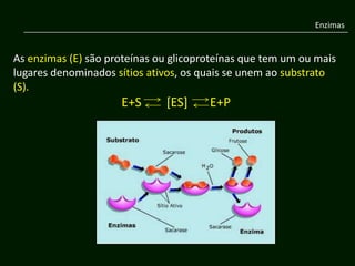 Enzimas


As enzimas (E) são proteínas ou glicoproteínas que tem um ou mais
lugares denominados sítios ativos, os quais se unem ao substrato
(S).
                     E+S      [ES]     E+P
 