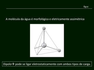 Água




 A molécula da água é morfológica e eletricamente assimétrica




Dipolo pode se ligar eletrostaticamente com ambos tipos de carga.
 